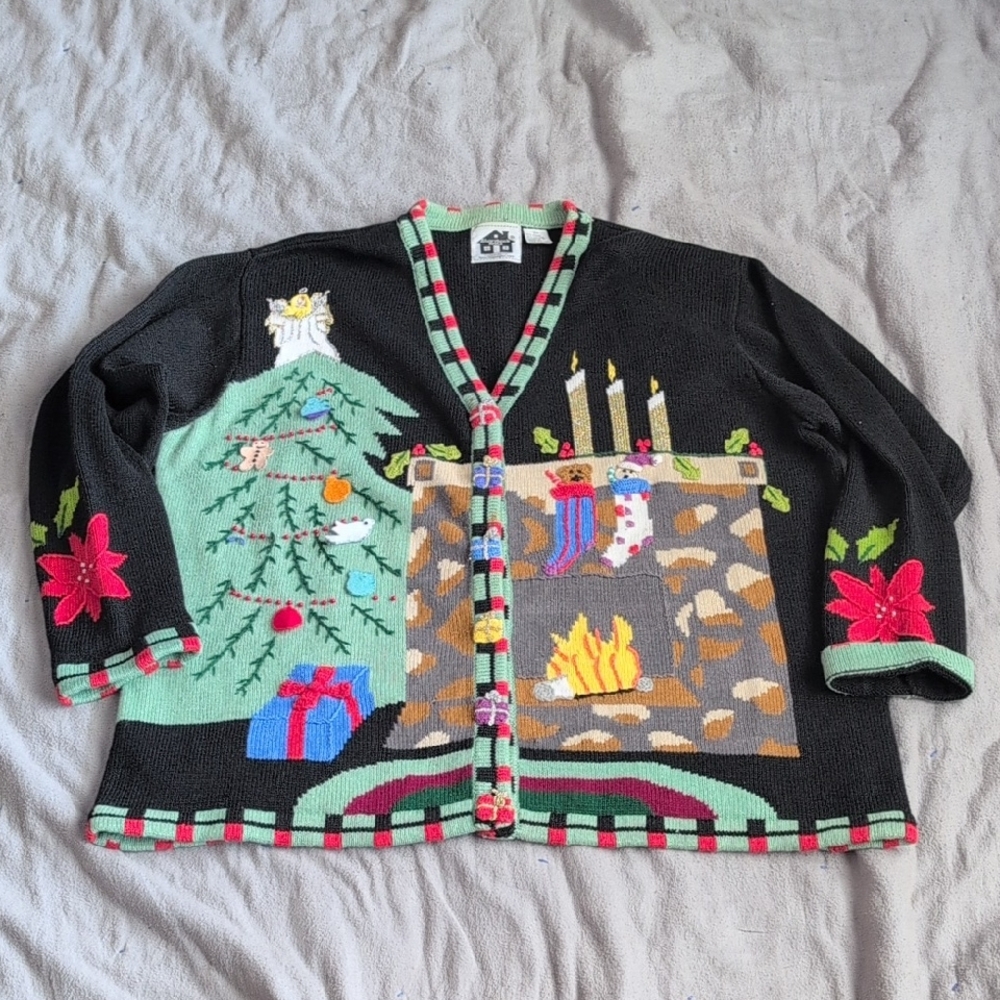 Storybook Knits Black and Green Christmas Cardigan